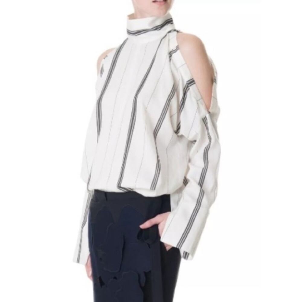 Tibi Warren striped buttons sleeve blouse cold shoulder sz XS